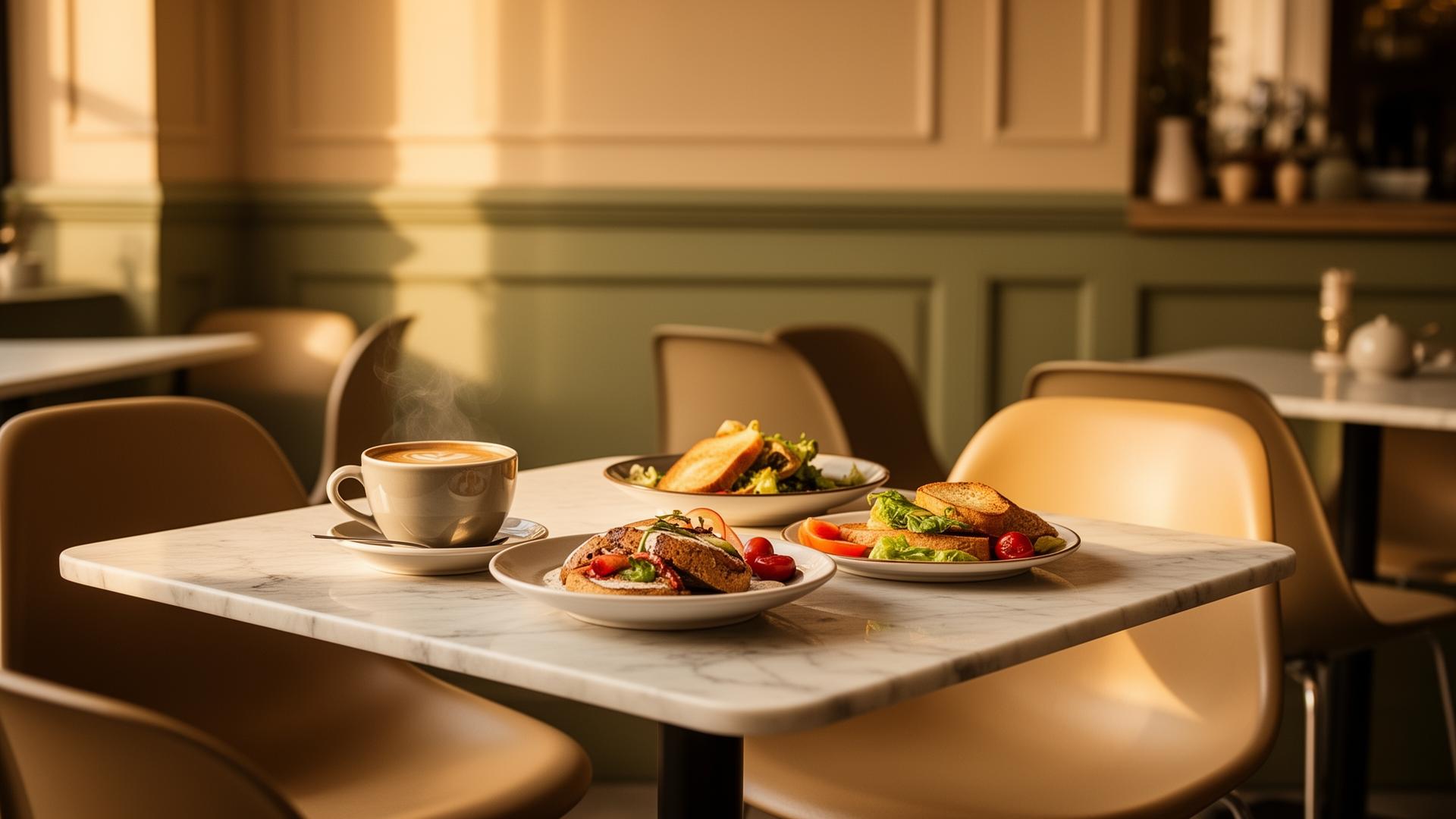 The Village Co. cafe interior with brunch served on marble
